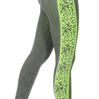 Fitness Leggings - Grey w/Bright Yellowish Green Cheetah Print Side Panels