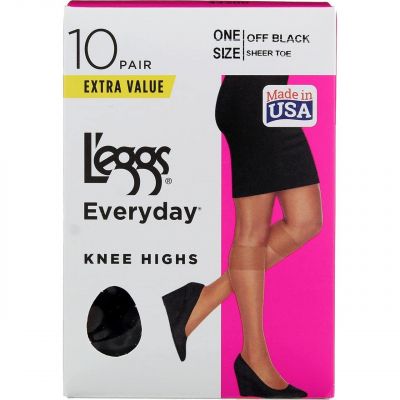 L'eggs Women's Nylon Knee Highs Sheer Toe Pantyhose, Off Black 10-pack, One Size