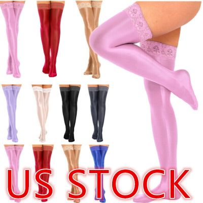 US Freebily Womens Shiny Oliy Stockings Opaque Silicone Stay-ups Lingerie Thigh