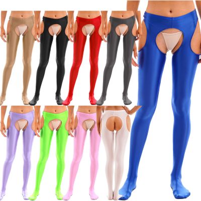 US Womens Glossy Pantyhose Shiny Crotchless Tight Yoga Dance Sport Long Pants