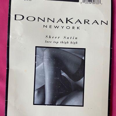 Donna Karan Thigh High Lace Top Stockings Sz S M Black Sheer Satin C07