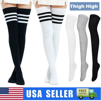 Extra Long Cotton Stripe Thigh High Socks Over the Knee High Plus Size Stockings