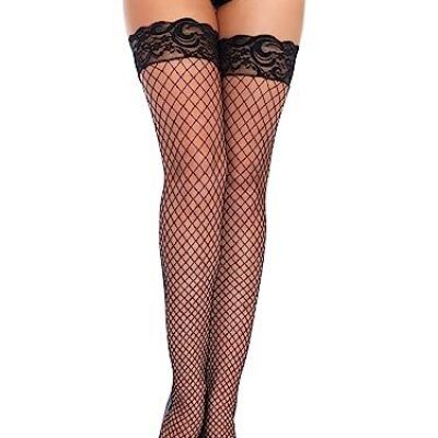 Women's Industrial Fishnet Thigh Highs with Stay Up Silicone Lace Top, Black,...