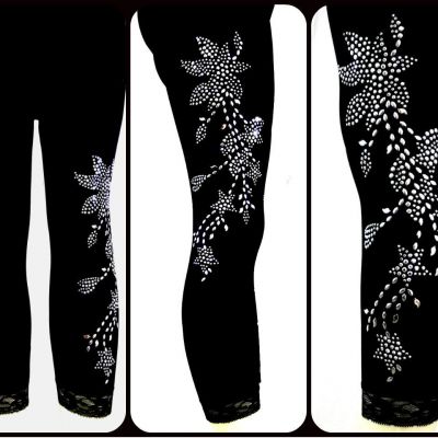 Plus Size Capri Leggings Embellished Rhinestone Silver Stud Floral Design