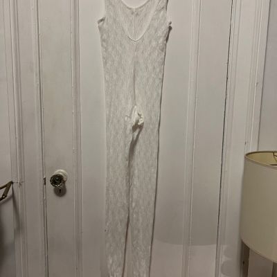 Vintage White Lace Lycra Bodystocking Jumpsuit Full Stocking Linerie Sexy