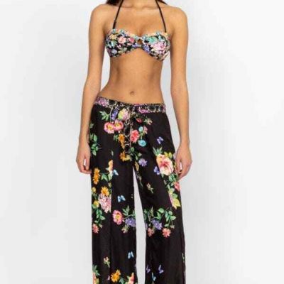 Johnny Was Butterfly Wrap Pants Black Flowers Rayon Silk Floral Pant NEW
