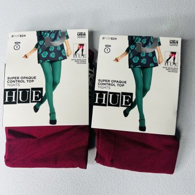 NWT Hue Super Opaque Control Top Tights Size 1 Scarlet Red 2 Pair Pack New