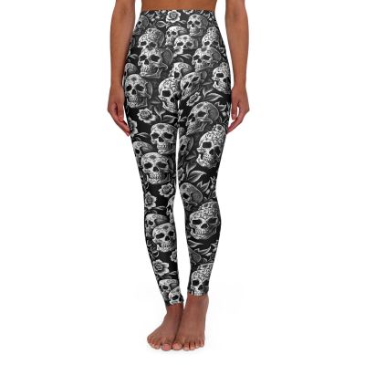 Halloween Skull Yoga Leggings, Spooky High Waisted Workout Pants, Skeleton Print