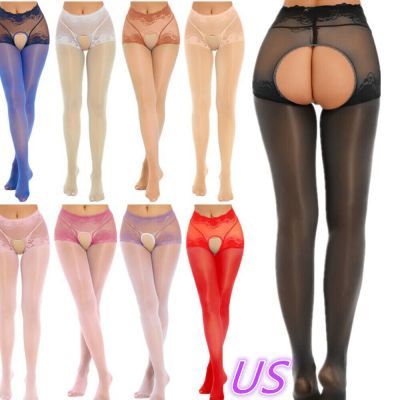 US Women Glossy Semi Sheer Pantyhose Crotchless Footed Stockings Tights Hosiery