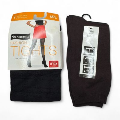 No Nonsense Sheer Black Plaid Control Top Tights Size M/L with 1 Pair Bodysocks