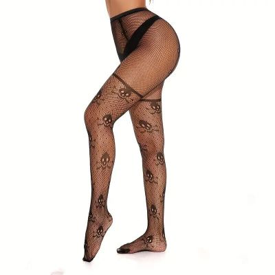 Skull Pattern Fishnet Tights, Halloween Hollow Out High Waist Mesh Pantyhose