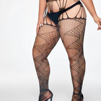 Sexy Plus Women Rhinestone Hollow-out Sheer Fishnet Garter Black Stockings US