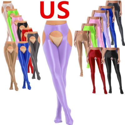 US Women Pants Hollow Out Glossy Gym Fitness Workout Yoga Suspender Dance Tights