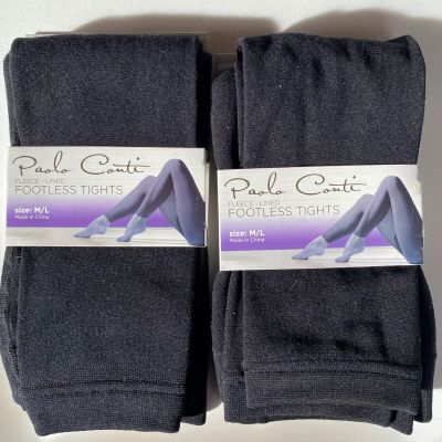 2 Paula Conti Black Fleece Lined Footless Tights...Size M/L