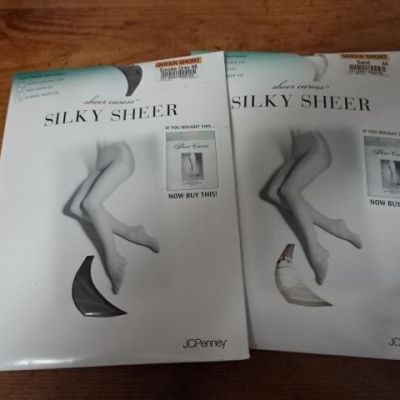 Lot 2 Silky Sheer Caress JC Penney-Queen Short-Smoke Grey#88&Sand#44-Pantyhose