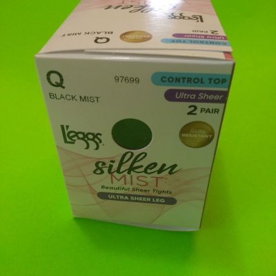 Leggs Silken Mist Tights Control Top Q Black   Mist Ultra Sheer Leg 2 Pair