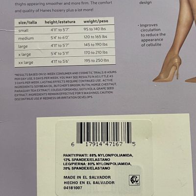 Hanes Premium Pantyhose Silky Support Light Coverage Anti Cellulite X Large Nude