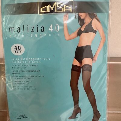 OMSA Malizia 40 Den Hold-Up Stockings With Lace Top And Sandal Toe Black Sz.3