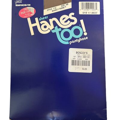 Hanes Too Pantyhose Sheer Reinforced Toe Barely There Size AB Style #116