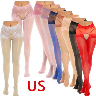 US Women's Shiny Cutout Pantyhose Sexy See Through Lace Tights Mid Waist Pants