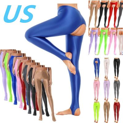 US Women Glossy Open Crotch Tights Pantyhose High Waist Stretchy Skinny Pants