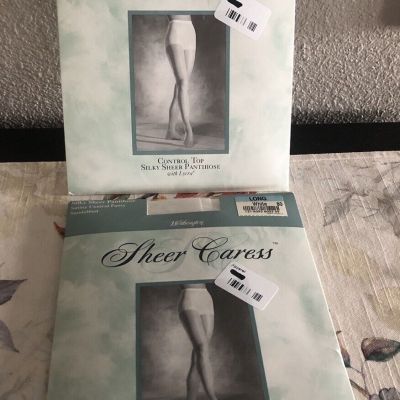VINTAGE 2 Pairs JC Penney Sheer Caress Satiny Control Top WHITE Pantyhose Long