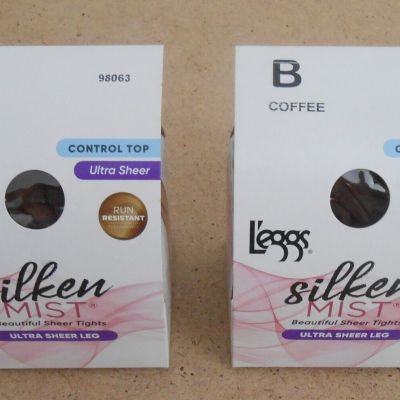Lot of 2 L'eggs Silken Mist Beautiful Sheer Tights Control Top Size B Coffee