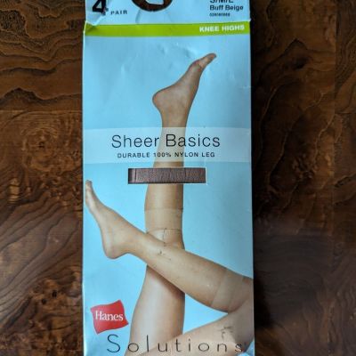 4 Pairs Hanes Solutions Durable All Nylon Knee Highs  Buff Beige  Up To 165 Lbs.