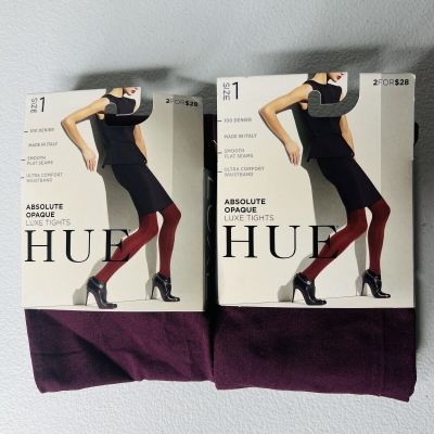 NWT HUE Womens Absolute Opaque Luxe Tights Size 1 Deep Burgundy 2 Pair Pack