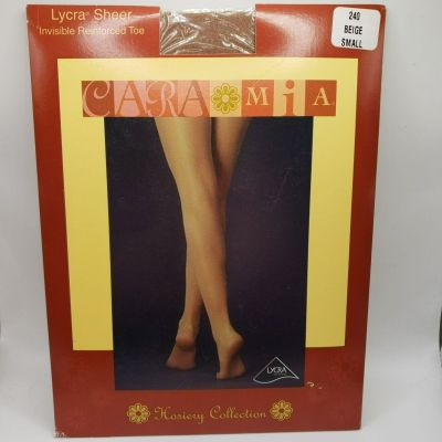 Cara Mia Hosiery Collection Lycra Sheer Reinforced Toe Beige Small Pantyhose Vtg
