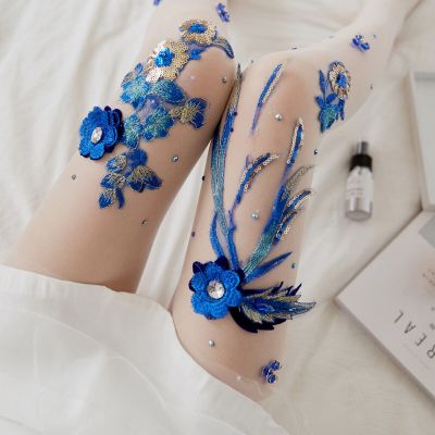 Embroidered Flower Style Cherry Blue Banshee Pattern Stockings