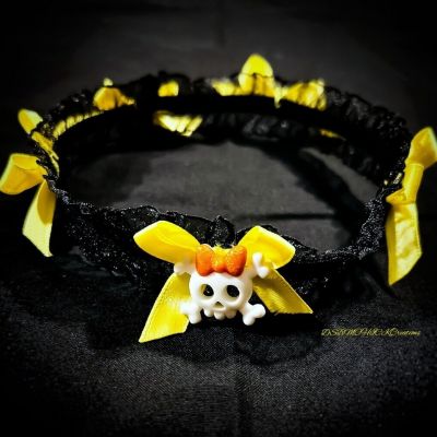 MADE TO ORDER Black Lace Yellow Bow Glitter Skull Thigh Garter Goth Cosplay Punk