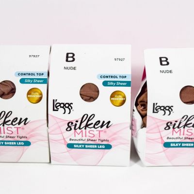 3 L'eggs Silken Mist Control Top Sheer Toe Silky Sheer Leg Tights NUDE Size B