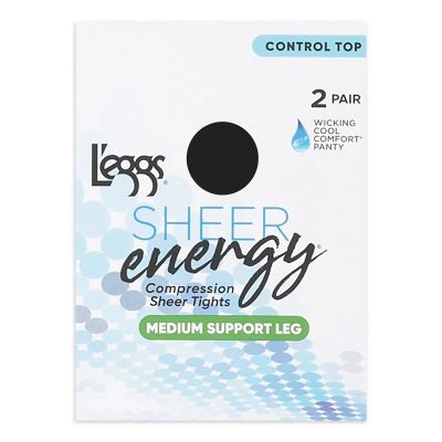 L'eggs Sheer Energy Medium Leg Support Control Top Tights, 2 Pair, Jet Black