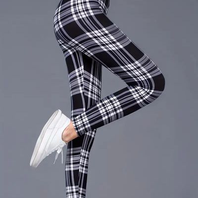 Fashion Plaid Print Leggings Casual High Waist Elastic Bottoms Slim Clothing New