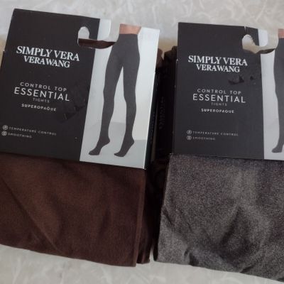 2 Pair,  Simply Vera Wang Control Top Essential Tights Super Opaque Gray & Brown