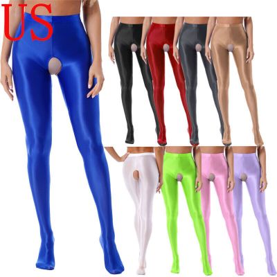 US Women Glossy Oil Yoga Tights Training Sport Hollow Out Pants Shiny  Pantyhose