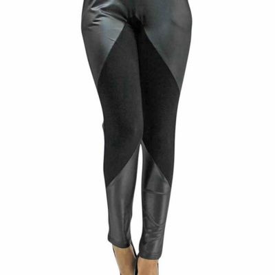BLACK LEATHER AND KNIT LEGGINGS FOR WOMEN