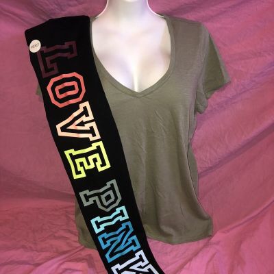 Victoria Secret PINK V-neck Army Green Tee Bright Rainbow Legging Set M L  New
