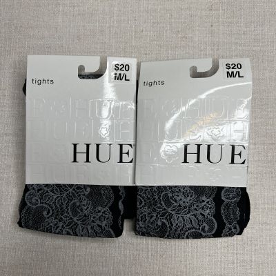 2 Pairs Of Hue Womens Printed Lace Floral Design Tights Black Gray M/L