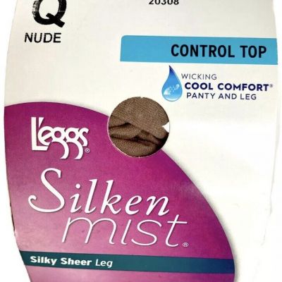Leggs Silken Mist Control Top Q Nude Pantyhose Silky Sheer Leg 20308 Large