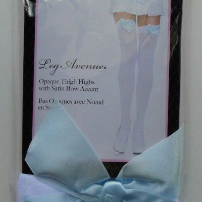 Leg Avenue Opaque Thigh Highs with Satin Bow - White with Light Blue Bows  OSFM