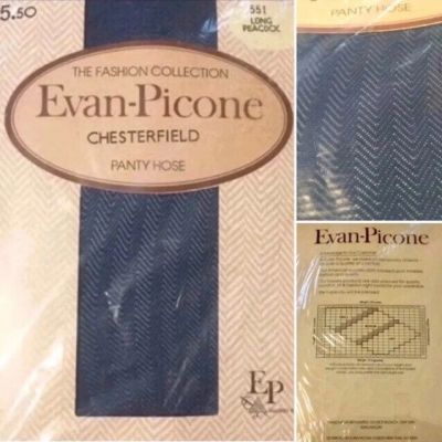 Evan Picone Pantyhose Blue Chesterfield Herringbone LONG New in Pkg Vintage 80s!