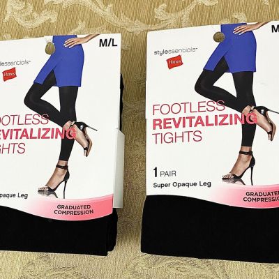 2 Pairs Hanes Style Essentials Footless Revitalizing Tights Black M/L