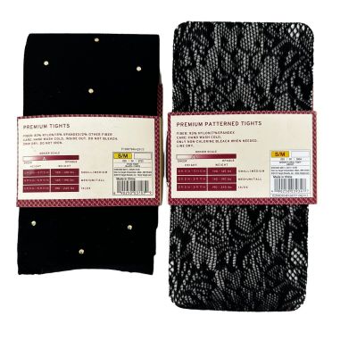 NEW in Pkg 2 Pair Merona Black Premium Tights Lace & Metallic Dot Size S/M