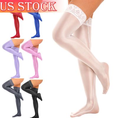 US Womens Glossy Lace Top Stockings Nylon Shiny Smooth Non-Slip Thigh High Socks