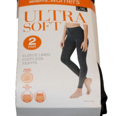 2 pack Warner's Ultra Soft fleece lined footless tights L/XL Black & Heather NEW