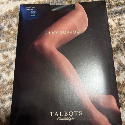 Talbots Silky Support Pantyhose Tights Control Top Sheer Toe Size B Black