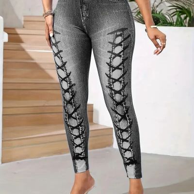 High-Elasticity All-Season Leggings, Printed Denim-Style Pants