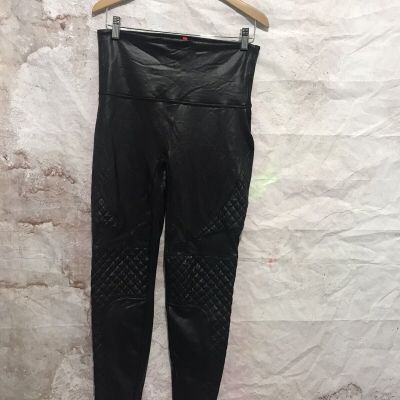 SPANX Black Faux Leather Shaping Leggings Quilt Texture Sexy XL~
